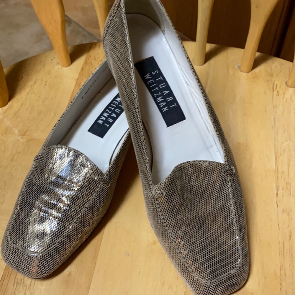 Stuart Weitzman Gold Python Print Flats Loafers S… - image 1